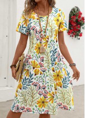 Yellow dresses,Floral dresses,Plants dresses,Everyday dresses,Casual dresses,Pocket Floral Print Yellow Round Neck Short Sleeve Dress