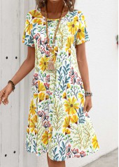 Yellow dresses,Floral dresses,Plants dresses,Everyday dresses,Casual dresses,Pocket Floral Print Yellow Round Neck Short Sleeve Dress