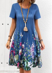 Denim Blue dresses,Floral dresses,Plants dresses,Everyday dresses,Casual dresses,Tuck Stitch Floral Print Denim Blue Round Neck Dress