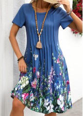 Denim Blue dresses,Floral dresses,Plants dresses,Everyday dresses,Casual dresses,Tuck Stitch Floral Print Denim Blue Round Neck Dress