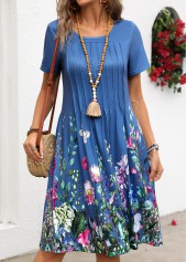 Denim Blue dresses,Floral dresses,Plants dresses,Everyday dresses,Casual dresses,Tuck Stitch Floral Print Denim Blue Round Neck Dress