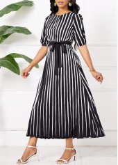 Black dresses,Striped dresses,Geometric dresses,Party dresses,Elegant dresses,Umbrella Hem Striped Black Belted Maxi Round Neck Dress