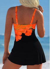 Black swimwear,Orange swimwear,Floral swimwear,Plants swimwear,ROTITA Tie Black Floral Print One Piece Swimdress