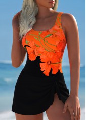 Black swimwear,Orange swimwear,Floral swimwear,Plants swimwear,ROTITA Tie Black Floral Print One Piece Swimdress