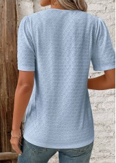 Blue tops,Plain Color tops,ROTITA Patchwork Blue V Neck Short Sleeve Blouse