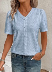 Blue tops,Plain Color tops,ROTITA Patchwork Blue V Neck Short Sleeve Blouse