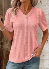Pink tops,Plain Color tops,ROTITA Patchwork Pink V Neck Short Sleeve Blouse