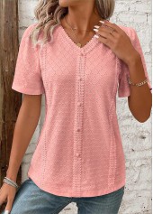 Pink tops,Plain Color tops,ROTITA Patchwork Pink V Neck Short Sleeve Blouse
