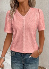 Pink tops,Plain Color tops,ROTITA Patchwork Pink V Neck Short Sleeve Blouse