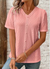 Pink tops,Plain Color tops,ROTITA Patchwork Pink V Neck Short Sleeve Blouse