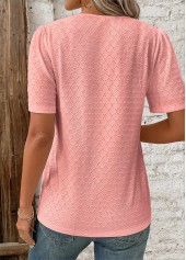 Pink tops,Plain Color tops,ROTITA Patchwork Pink V Neck Short Sleeve Blouse