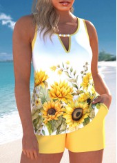 Light Yellow swimwear,White swimwear,Floral swimwear,Plants swimwear,ROTITA Cut Out Light Yellow Floral Print Tankini Set