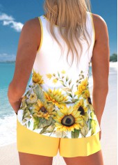 Light Yellow swimwear,White swimwear,Floral swimwear,Plants swimwear,ROTITA Cut Out Light Yellow Floral Print Tankini Set