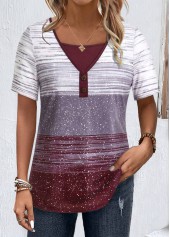 ROTITA Button Striped Multi Color Square Neck T Shirt