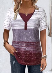 Multi Color tops,Striped tops,Geometric tops,ROTITA Button Striped Multi Color Square Neck T Shirt