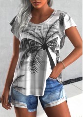 Light Grey tops,Plants tops,ROTITA Tuck Stitch Plants Print Light Grey T Shirt