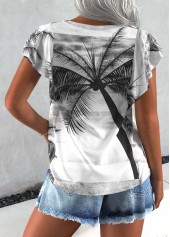 Light Grey tops,Plants tops,ROTITA Tuck Stitch Plants Print Light Grey T Shirt