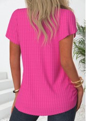 Hot Pink tops,Plain Color tops,ROTITA Button Hot Pink Square Neck Short Sleeve T Shirt