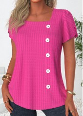 Hot Pink tops,Plain Color tops,ROTITA Button Hot Pink Square Neck Short Sleeve T Shirt
