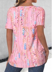 Pink tops,Geometric tops,ROTITA Button Pink Round Neck Short Sleeve T Shirt