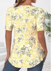 Light Yellow tops,Floral tops,Plants tops,ROTITA Floral Print Light Yellow Fake Two Piece Twinset