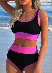 Black swimwear,Contrast Color swimwear,ROTITA Contrast Binding Black Patchwork Bikini Set