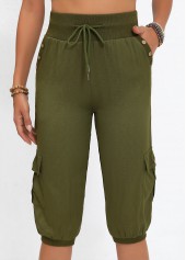 Olive Green bottoms,Plain Color bottoms,Pocket Jogger Elastic Waist High Waisted Olive Green Pants