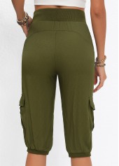 Olive Green bottoms,Plain Color bottoms,Pocket Jogger Elastic Waist High Waisted Olive Green Pants