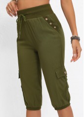 Olive Green bottoms,Plain Color bottoms,Pocket Jogger Elastic Waist High Waisted Olive Green Pants