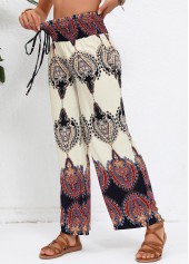 Beige bottoms,Tribal bottoms,Smocked Tribal Print Beige Elastic Waist High Waisted Pants
