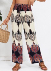 Beige Hose mit gesmoktem Tribal-Print und hoher Taille und elastischem Bund