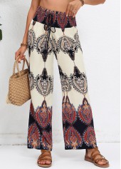 Beige bottoms,Tribal bottoms,Smocked Tribal Print Beige Elastic Waist High Waisted Pants