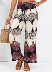 Beige bottoms,Tribal bottoms,Smocked Tribal Print Beige Elastic Waist High Waisted Pants