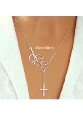 Silvery White jewelry,Plants jewelry,Cross Silvery White Plants Print Alloy Necklace