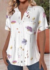 White tops,Floral tops,Plants tops,ROTITA Plus Size Textured Fabric White Floral Print Shirt