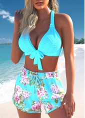 Cyan swimwear,Floral swimwear,Plants swimwear,ROTITA Jacquard Cyan Floral Print Bikini Set