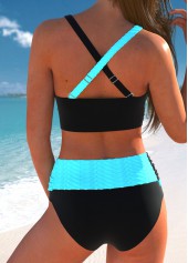 Cyan swimwear,Black swimwear,Contrast Color swimwear,ROTITA Criss Cross Cyan Patchwork Bikini Set