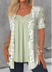 Sage Green tops,Floral tops,Plants tops,Striped tops,Houndstooth tops,ROTITA Floral Print Sage Green Fake Two Piece Twinset