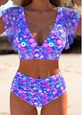 Rotita - Ensemble de bikini violet à imprimé floral et à volants
