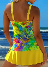 Yellow swimwear,Floral swimwear,Plants swimwear,ROTITA Circular Ring Yellow Floral Print Tankini Set