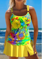 Yellow swimwear,Floral swimwear,Plants swimwear,ROTITA Circular Ring Yellow Floral Print Tankini Set