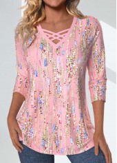 ROTITA Criss Cross Geometric Print Light Pink T Shirt