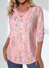 Light Pink tops,Geometric tops,Striped tops,Dot tops,ROTITA Criss Cross Geometric Print Light Pink T Shirt