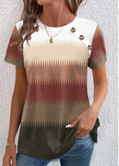ROTITA Button Chevron Print Multi Color Round Neck T Shirt