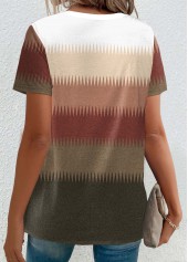 Multi Color tops,Chevron tops,Contrast Color tops,ROTITA Button Chevron Print Multi Color Round Neck T Shirt