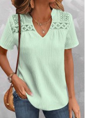 Light Green tops,Plain Color tops,ROTITA Patchwork Light Green V Neck Short Sleeve Blouse