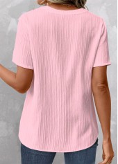 Light Pink tops,Plain Color tops,ROTITA Patchwork Light Pink V Neck Short Sleeve Blouse