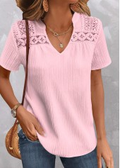 Light Pink tops,Plain Color tops,ROTITA Patchwork Light Pink V Neck Short Sleeve Blouse