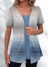 ROTITA Ombre Dusty Blue V Neck Fake Two Piece Twinset