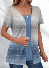 Dusty Blue tops,Ombre tops,ROTITA Ombre Dusty Blue V Neck Fake Two Piece Twinset